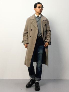 「ニットカーディガン」｜「アイテム（トレンチコート）」を使った、K-1RO(ケーイチロー)さん（メンズ・171cm）の秋コーディネート