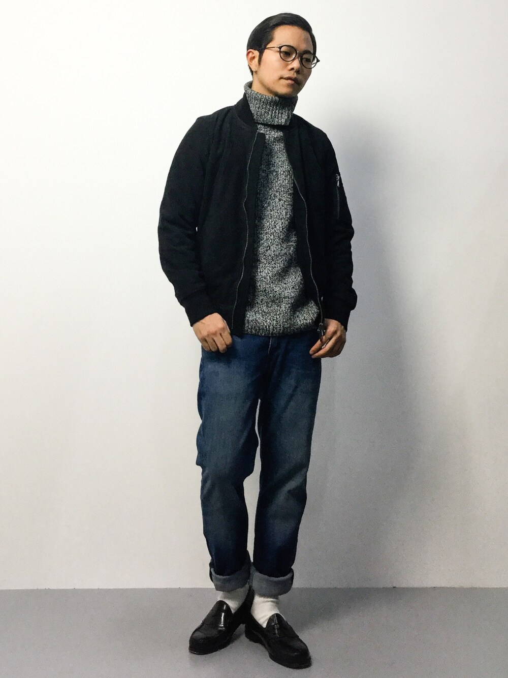 「L.H.PのLHP/エルエイチピー/Gort Swead MA-1 〈6001153〉（MA-1、ブラック系）」を使った、K-1RO(ケーイチロー)さん（メンズ・171cm）の冬コーディネートの1枚目の写真