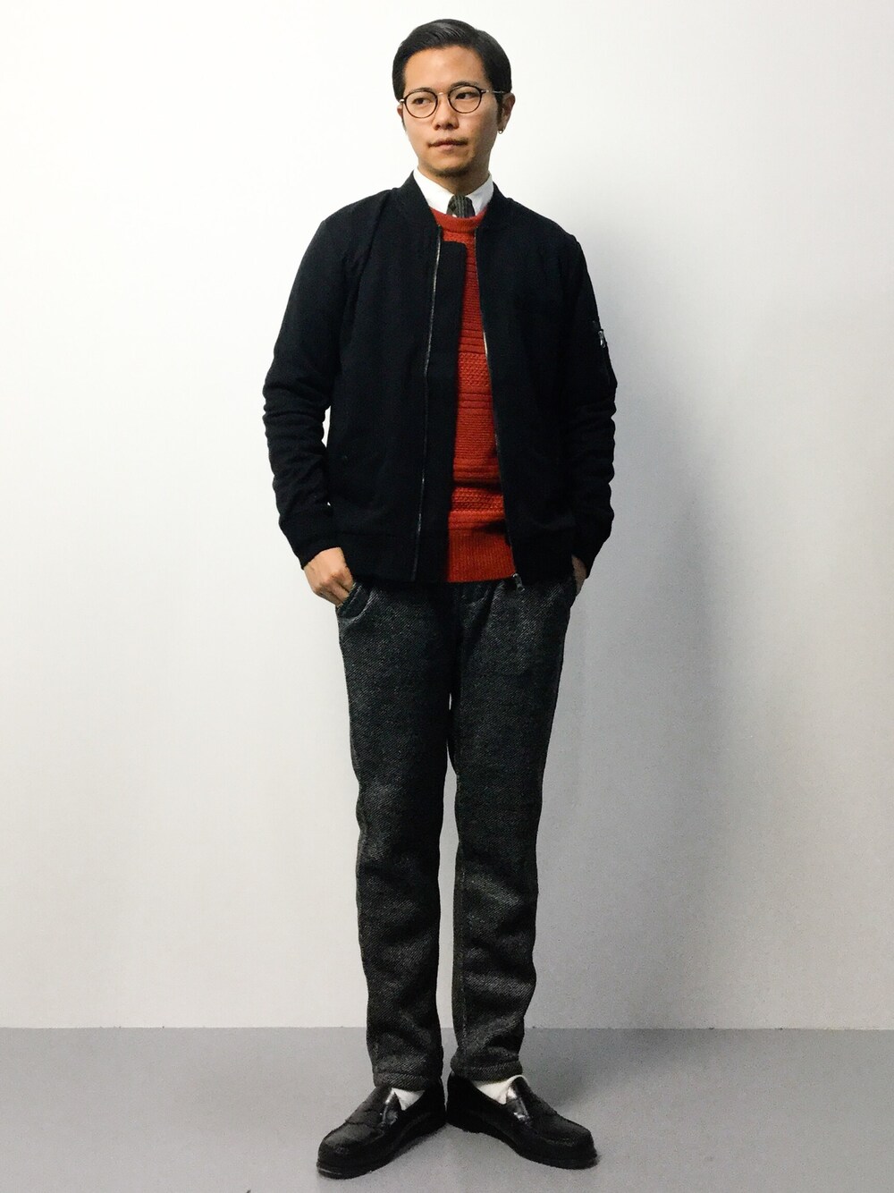 「L.H.PのAZIONE×LHP/アジオネ×エルエイチピー/Sweat MA-1 〈6016158〉（MA-1、ブラック系）」を使った、K-1RO(ケーイチロー)さん（メンズ・171cm）の冬コーディネートの1枚目の写真