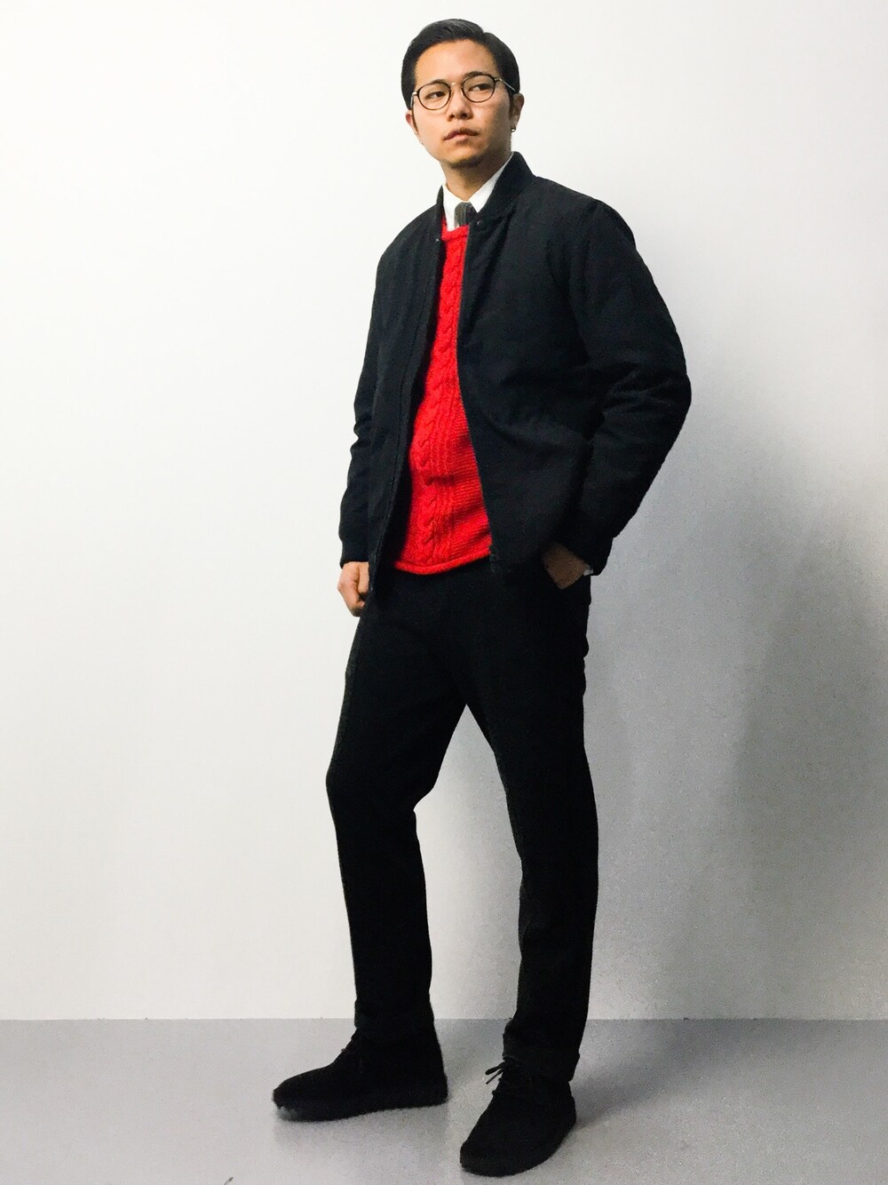 「NANO universeのオイルドライクMA-1（MA-1、ブラック系）」を使った、K-1RO(ケーイチロー)さん（メンズ・171cm）の冬コーディネートの1枚目の写真
