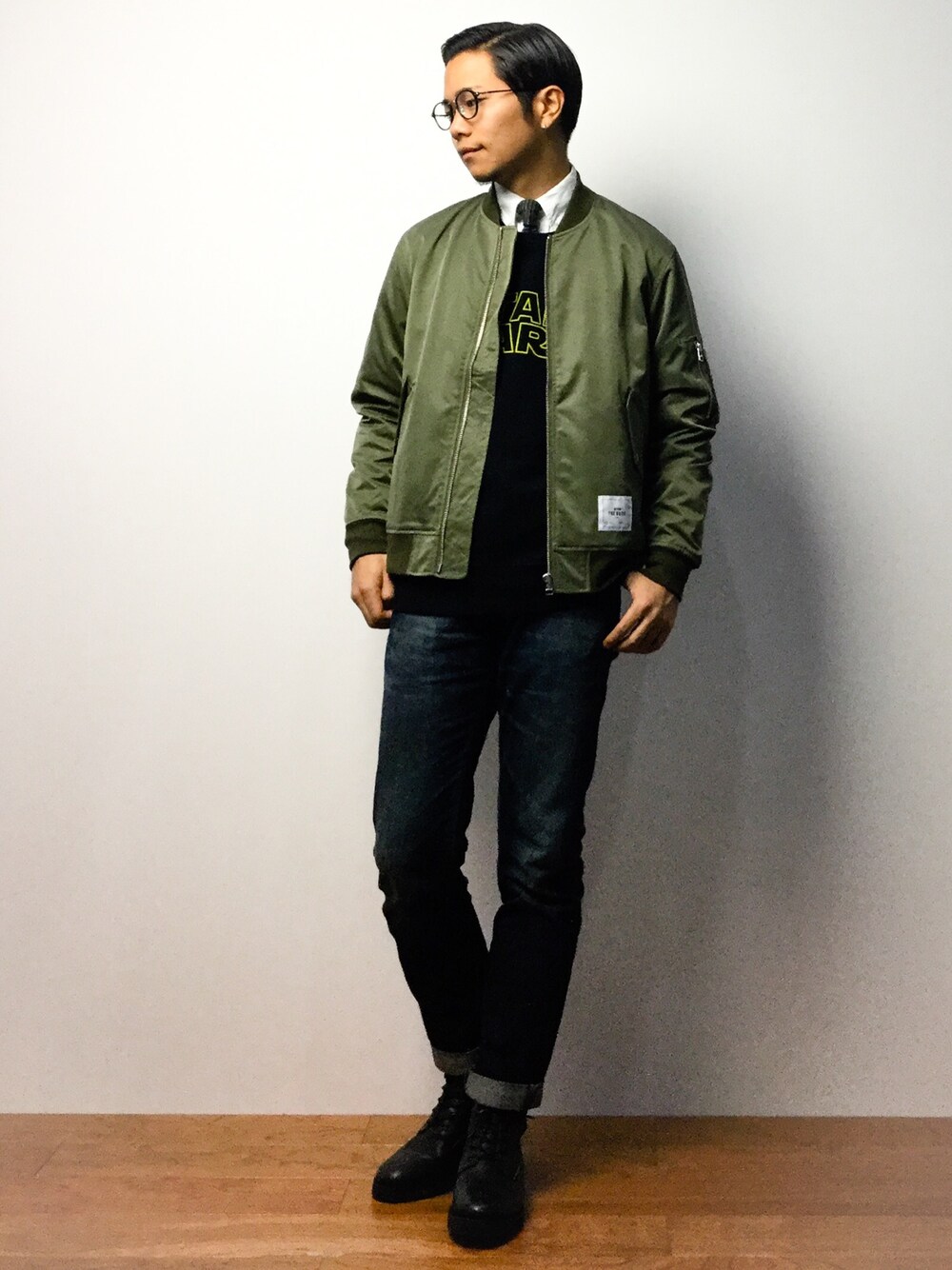 「ikkaのBB MA-1（MA-1、グリーン系）」を使った、K-1RO(ケーイチロー)さん（メンズ・171cm）の冬コーディネートの1枚目の写真