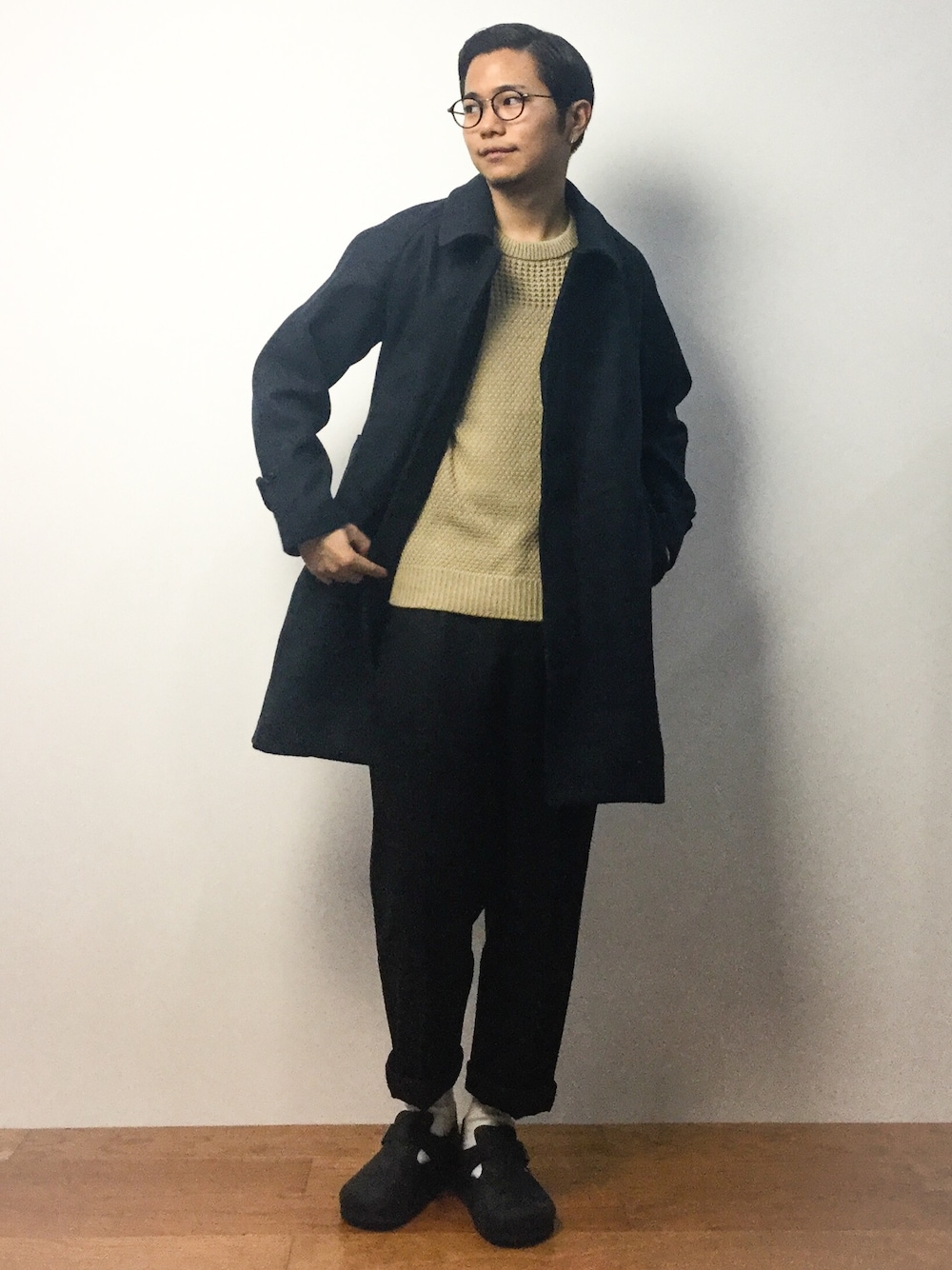 「SEVENDAYS=SUNDAYの編地切替　プルオーバー（ニット/セーター、ベージュ系）」を使った、K-1RO(ケーイチロー)さん（メンズ・171cm）の冬コーディネートの1枚目の写真