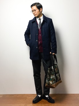 「CASPER JOHN（キャスパージョン）のアイテム（ステンカラーコート）」を使った、K-1RO(ケーイチロー)さん（メンズ・171cm）の冬コーディネート