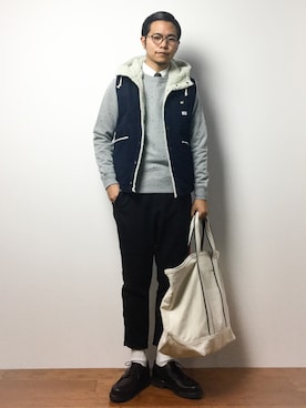 「パラブーツ」｜「アイテム（スウェット）」を使った、K-1RO(ケーイチロー)さん（メンズ・171cm）の冬コーディネート