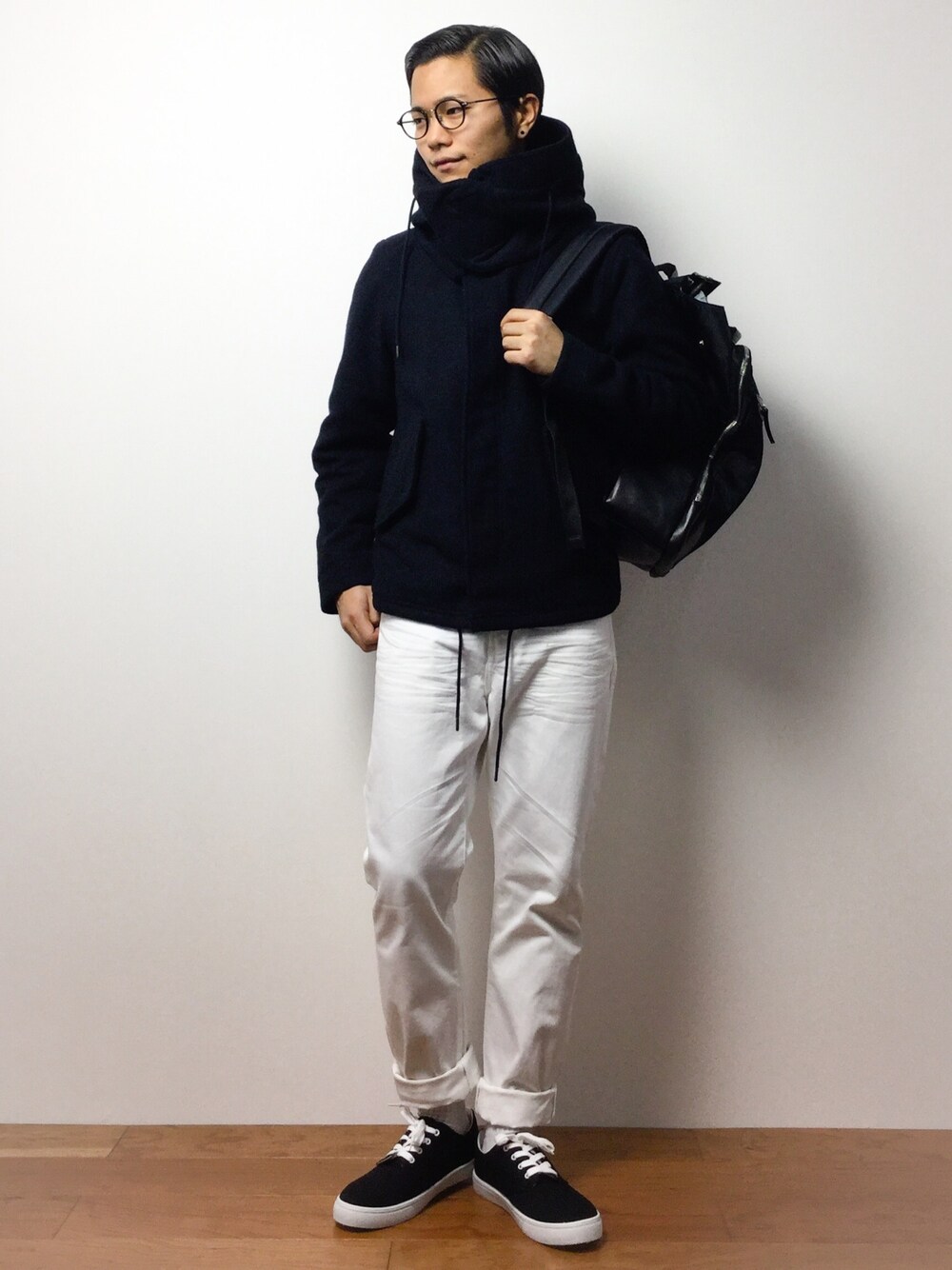 「HAREの【WEB限定】WOOLショートモッズ(HARE)（モッズコート、ブルー系）」を使った、K-1RO(ケーイチロー)さん（メンズ・171cm）の冬コーディネートの1枚目の写真
