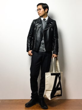 「URBAN RESEARCH（アーバンリサーチ）のアイテム（ライダースジャケット）」を使った、K-1RO(ケーイチロー)さん（メンズ・171cm）の冬コーディネート