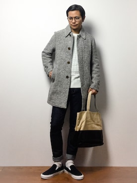 「COMME CA ISM（コムサイズム）のアイテム（ステンカラーコート）」を使った、K-1RO(ケーイチロー)さん（メンズ・171cm）の冬コーディネート
