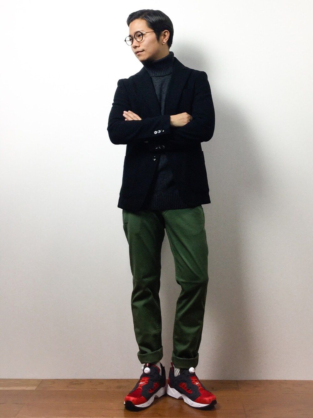 「GIORDANOの[GIORDANO]ハイネックウールニット（ニット/セーター、グレー系）」を使った、K-1RO(ケーイチロー)さん（メンズ・171cm）の冬コーディネートの1枚目の写真