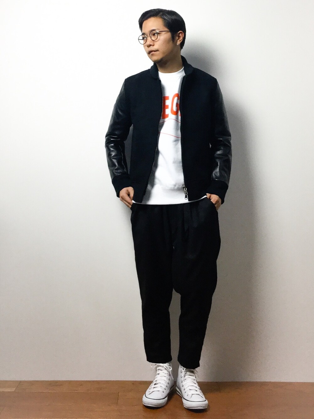 「MagineのMELTON ZIP STADIUM JKT:メルトンジップ スタジアムジャケット（ブルゾン、ブラック系）」を使った、K-1RO(ケーイチロー)さん（メンズ・171cm）の冬コーディネートの1枚目の写真