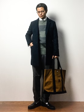「MK MICHEL KLEIN HOMME （エムケーミッシェルクランオム）のアイテム（チェスターコート）」を使った、K-1RO(ケーイチロー)さん（メンズ・171cm）の冬コーディネート