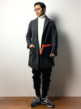 「BEAMS（ビームス）のアイテム（チェスターコート）」を使った、K-1RO(ケーイチロー)さん（メンズ・171cm）の冬コーディネート