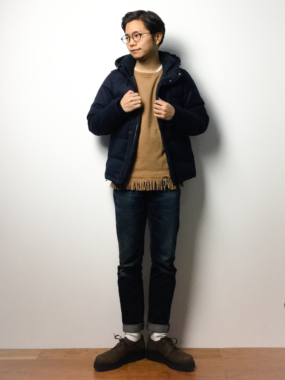 「green label relaxingのW/P WOOL HOOD ダウンブルゾン（ダウンジャケット/コート、ブルー系）」を使った、K-1RO(ケーイチロー)さん（メンズ・171cm）の冬コーディネートの1枚目の写真