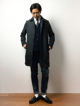 「CASPER JOHN（キャスパージョン）のアイテム（ステンカラーコート）」を使った、K-1RO(ケーイチロー)さん（メンズ・171cm）の冬コーディネート