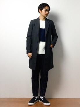 「unrelaxing（アンリラクシング）のアイテム（チェスターコート）」を使った、K-1RO(ケーイチロー)さん（メンズ・171cm）の冬コーディネート