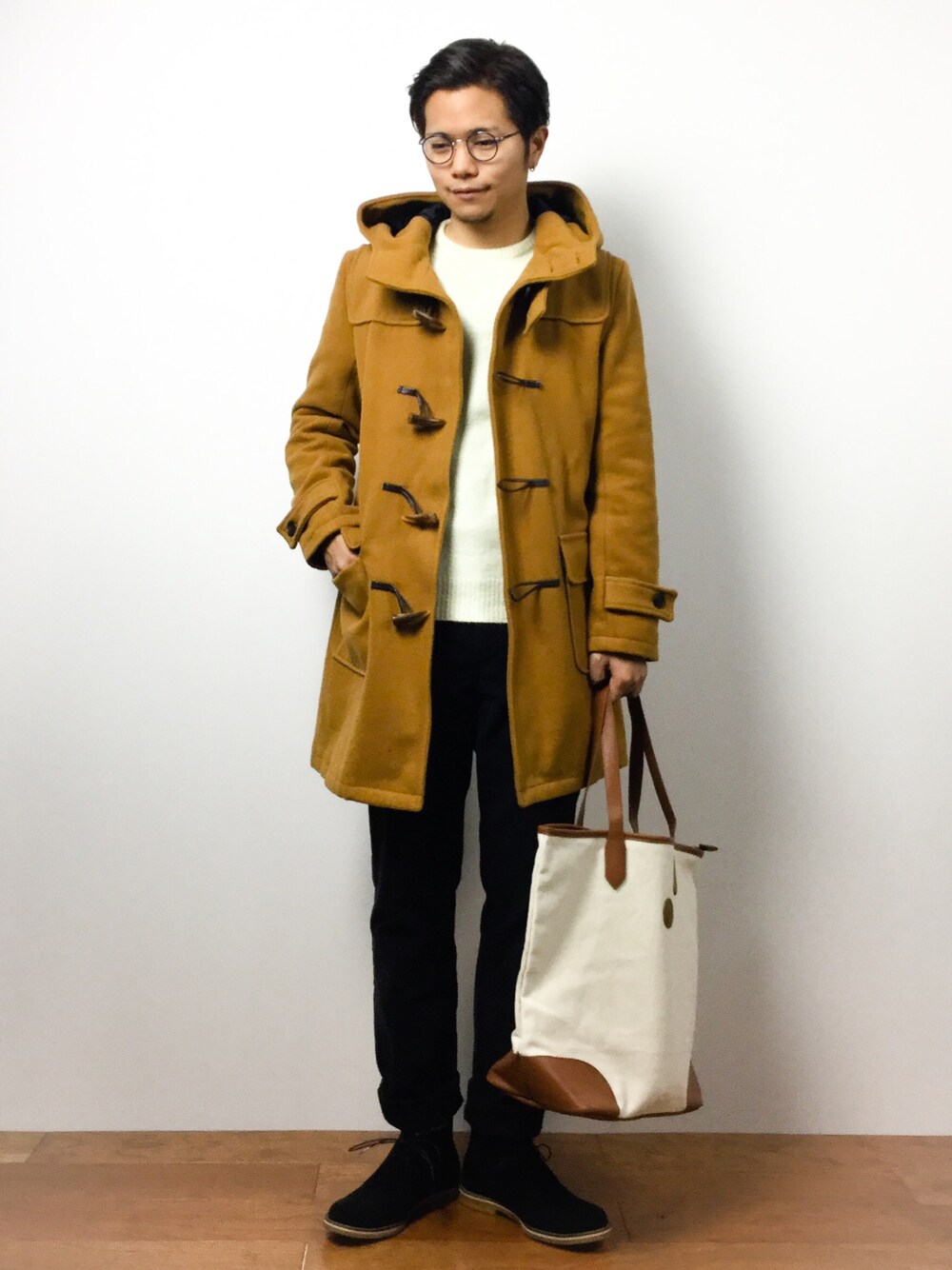 「CASPER JOHNのCASPER JOHN 洗濯機で洗えるニット(クルーネック)（ニット/セーター、ホワイト系）」を使った、K-1RO(ケーイチロー)さん（メンズ・171cm）の冬コーディネートの1枚目の写真