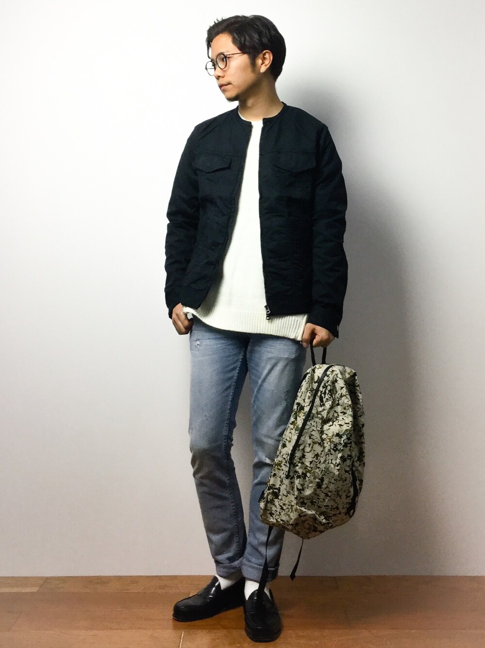 「DETAILSのDETAILS/KMC DETAILS/SIDE F CN KNIT（ニット/セーター、ホワイト系）」を使った、K-1RO(ケーイチロー)さん（メンズ・171cm）の冬コーディネートの1枚目の写真
