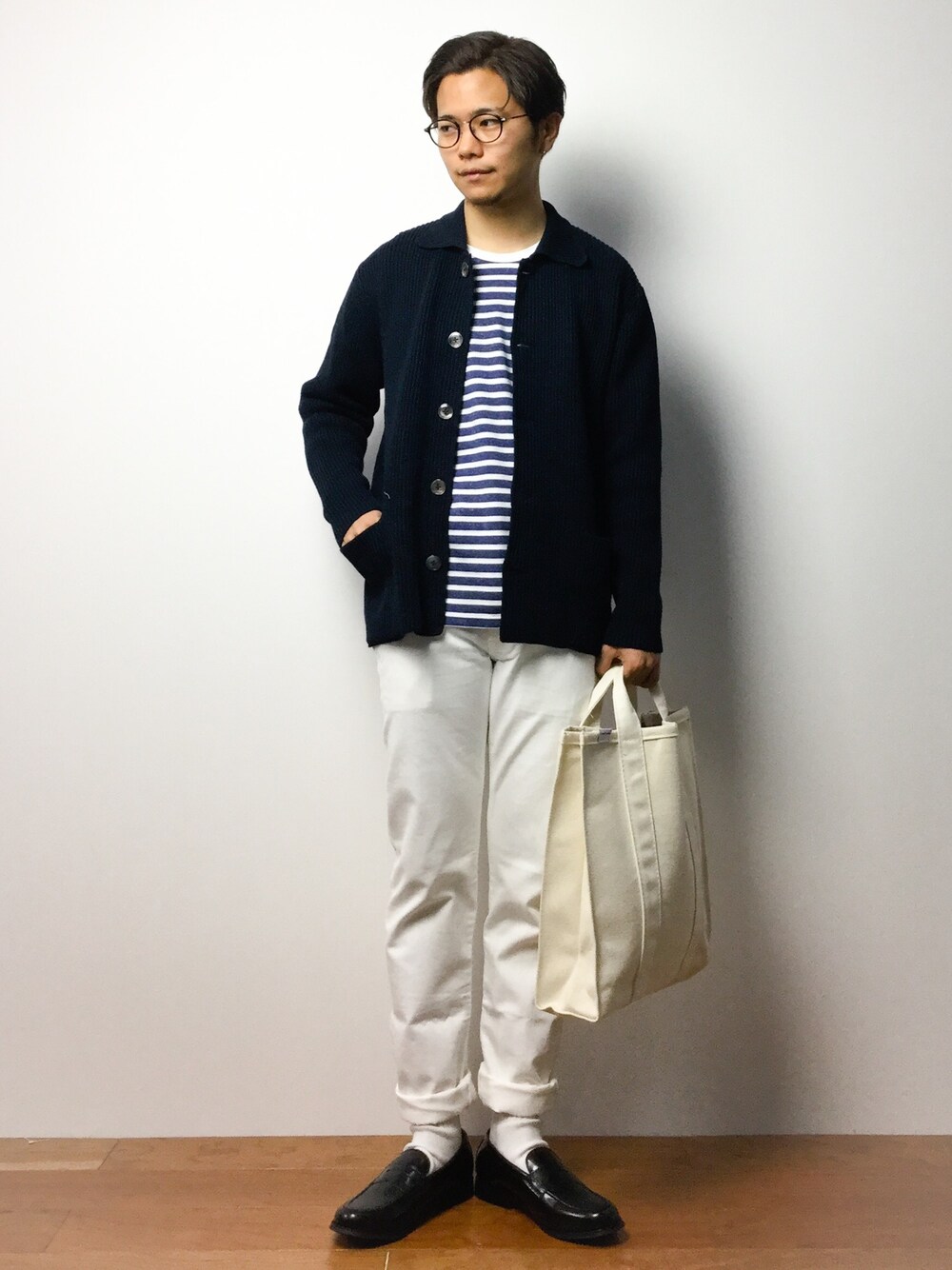 「SABLE CLUTCHのクルーネック ボーダー Tシャツ（Tシャツ/カットソー、ブルー系）」を使った、K-1RO(ケーイチロー)さん（メンズ・171cm）の冬コーディネートの1枚目の写真