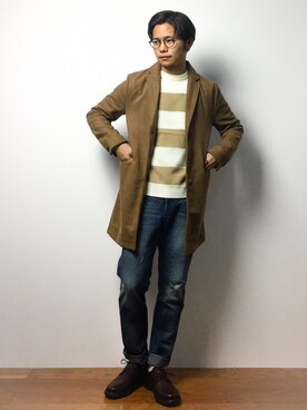 「unrelaxing（アンリラクシング）のアイテム（チェスターコート）」を使った、K-1RO(ケーイチロー)さん（メンズ・171cm）の冬コーディネート