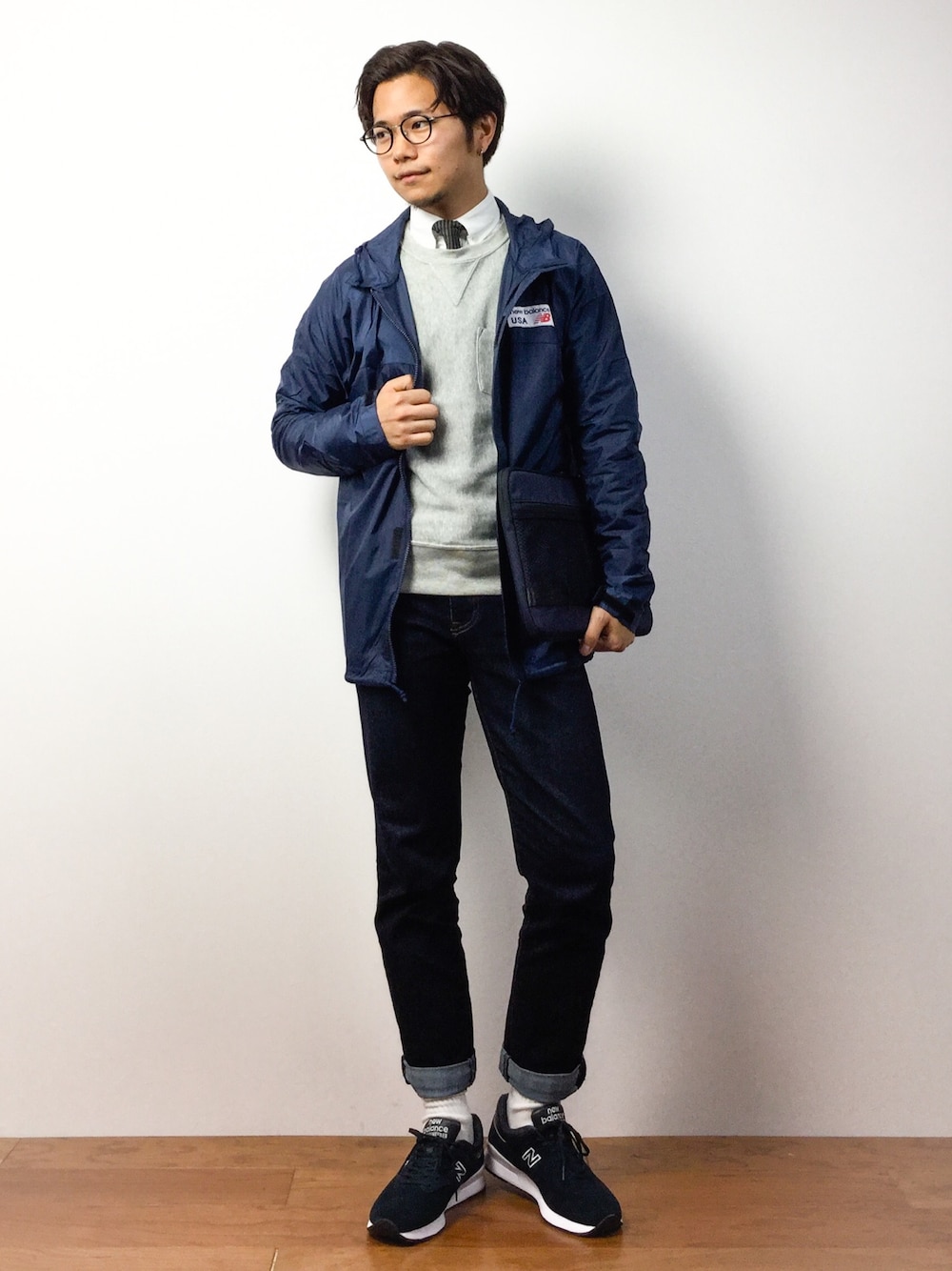 「NEW BALANCEの【メルマガ掲載】ライフスタイル NBリバイバルジャケット(Mens)（ナイロンジャケット、ブルー系）」を使った、K-1RO(ケーイチロー)さん（メンズ・171cm）の冬コーディネートの1枚目の写真