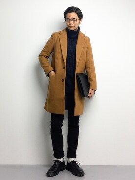 「unrelaxing（アンリラクシング）のアイテム（チェスターコート）」を使った、K-1RO(ケーイチロー)さん（メンズ・171cm）の冬コーディネート