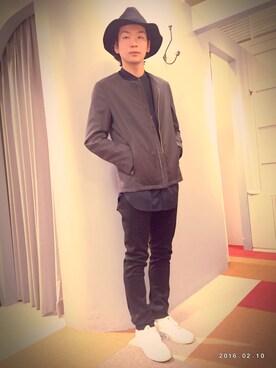 「ロングシャツ」｜「アイテム（ノーカラージャケット）」を使った、横浜ギャレットマーケットさん（メンズ・170cm）の冬コーディネート