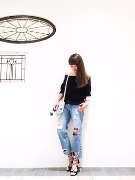 「アイテム（Tシャツ/カットソー、ブラック系）」を使った、Narcissus ESTさん（レディース・160cm）の春コーディネート