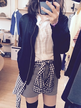 「千鳥格子」｜「アイテム（ブルゾン）」を使った、圭津葉 KAZUHAさん（レディース・148cm）の春コーディネート