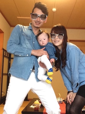 「しまむら（シマムラ）のアイテム（シャツ/ブラウス、ブルー系）」を使った、hirakikoさん（キッズ・100cm）の春コーディネート