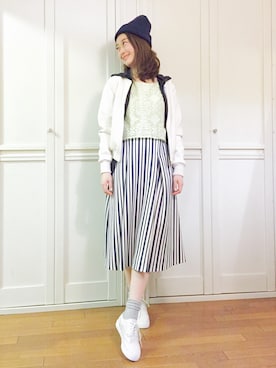 「NICE CLAUP（ナイスクラップ）のアイテム（スタジャン）」を使った、Creamさん（レディース・158cm）の春コーディネート