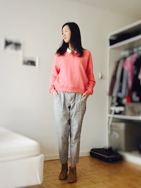 「アイテム（ブーティ、オレンジ系）」を使った、niuniuuuさん（レディース・173cm）の冬コーディネート