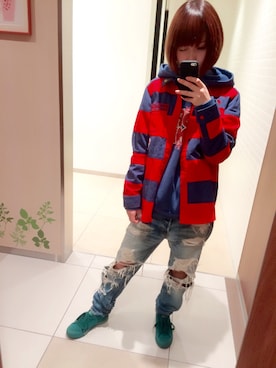 「プルオーバーパーカー」｜「アイテム（スウェット）」を使った、まーこさん（レディース・161cm）の春コーディネート
