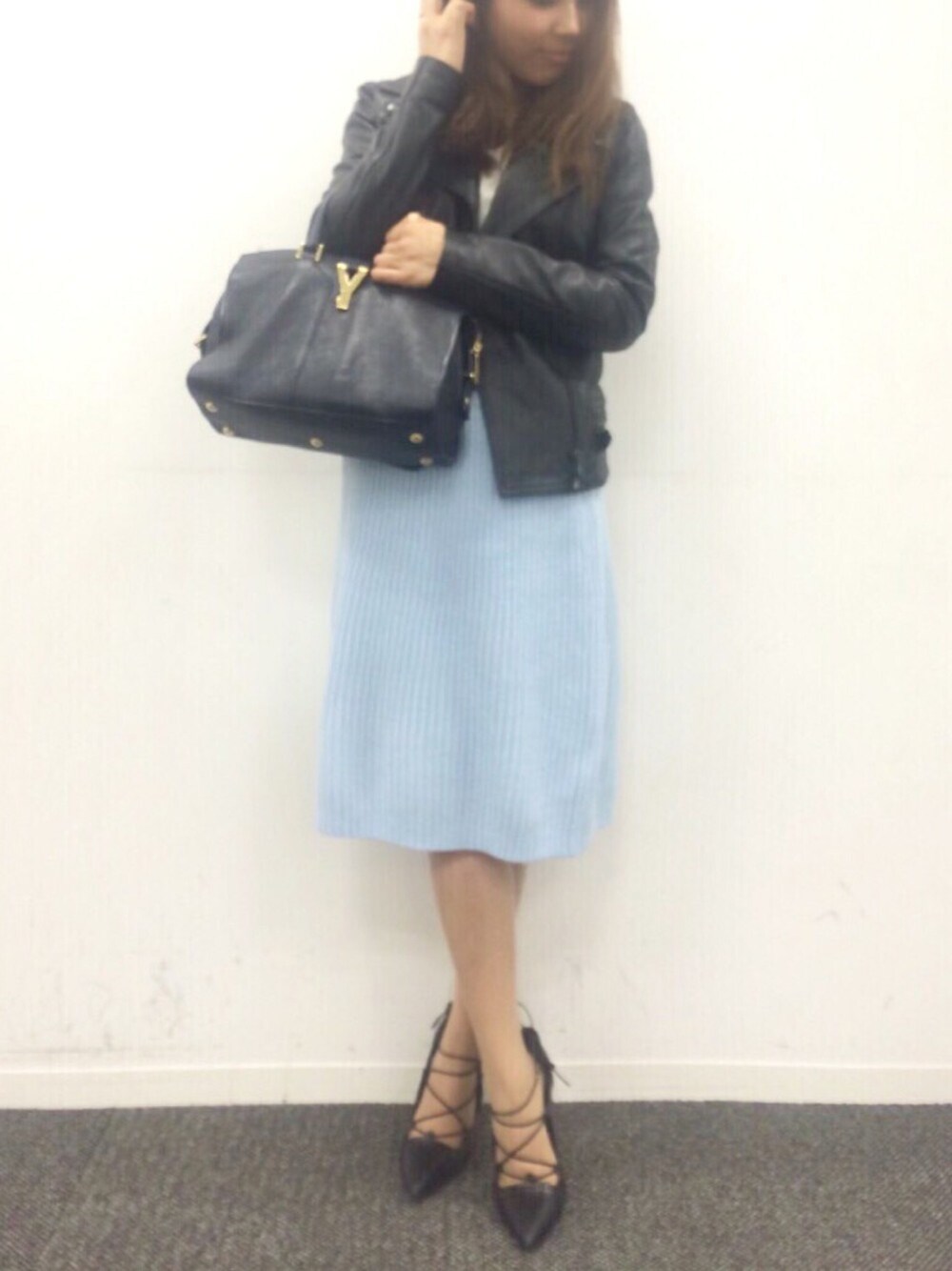 「オトナカジュアル、レースアップシューズ、black、blue、ヒール、ootd、ZARA、ライダース、お出掛け、スカート」｜「N.（N. Natural Beauty Basic）のアイテム（スカート、ブルー系）」を使った、yuyuさん（レディース・159cm）の春コーディネートの1枚目の写真