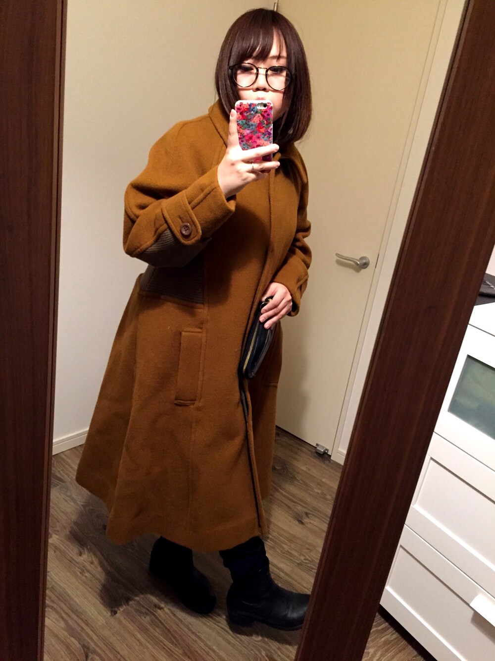 「TSUTAYA、暖パン、寒い、mercibeaucoup,、BEAUTY&YOUTH UNITED ARROWS、ダテメガネ」｜「mercibeaucoup,のメルシーボークー、 / GF ウールコート / コート（ジャケット/アウター、ブラウン系）」を使った、よーこっこさん（レディース・152cm）の冬コーディネートの1枚目の写真