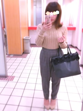「UNIQLO（ユニクロ）のWOMEN コットンカシミヤケーブルセーター（長袖）（ニット/セーター、ベージュ系）」を使った、ああこさん（レディース・147cm）の秋コーディネート