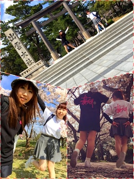 「STUSSY（ステューシー）のアイテム（Tシャツ/カットソー、ブラック系）」を使った、みーさん（レディース・154cm）の春コーディネート