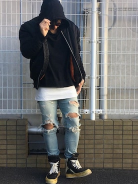 「RICK OWENS」｜「アイテム（ミリタリージャケット）」を使った、808Collectionさん（メンズ・178cm）の冬コーディネート