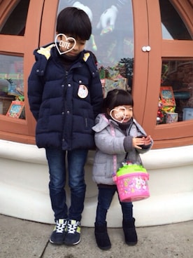 「abcd（ナシ）のアイテム（ダウンジャケット/コート）」を使った、大宮SKさん（キッズ・90cm）の冬コーディネート