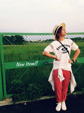 「アイテム（デニムパンツ、レッド系）」を使った、kurukuru-beansさん（レディース・158cm）の夏コーディネート