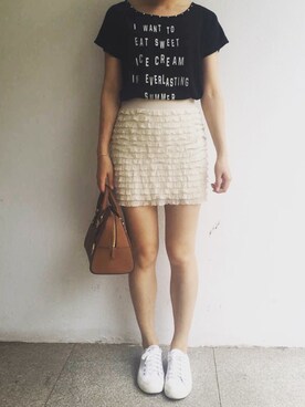 「MAJESTIC LEGON（マジェスティックレゴン）のアイテム（Tシャツ/カットソー、ブラック系）」を使った、tohanさん（レディース・161cm）の夏コーディネート