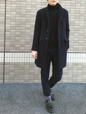 「HARE（ハレ）のアイテム（チェスターコート）」を使った、和也さん（メンズ・183cm）の冬コーディネート