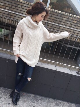 「Ungrid（アングリッド）の【Casual】ﾀｰﾄﾙｹｰﾌﾞﾙﾙｰｽﾞﾆｯﾄ（ニット/セーター）」を使った、KASUMIさん（レディース・161cm）の秋コーディネート