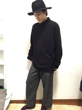 「GLOBAL WORK（グローバルワーク）のフェルトロングブリムハット/705078（ハット）」を使った、hさん（メンズ・172cm）の冬コーディネート