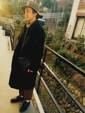 「GLOBAL WORK（グローバルワーク）のフェルトロングブリムハット/705078（ハット）」を使った、hさん（メンズ・172cm）の冬コーディネート