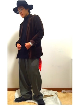 「GLOBAL WORK（グローバルワーク）のフェルトロングブリムハット/705078（ハット）」を使った、hさん（メンズ・172cm）の冬コーディネート