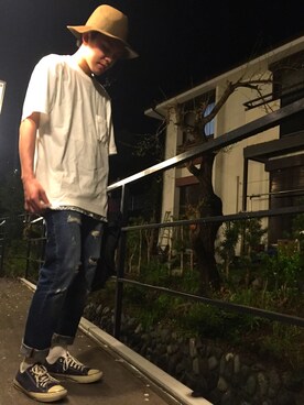 「GLOBAL WORK（グローバルワーク）のフェルトロングブリムハット/705078（ハット）」を使った、hさん（メンズ・172cm）の春コーディネート