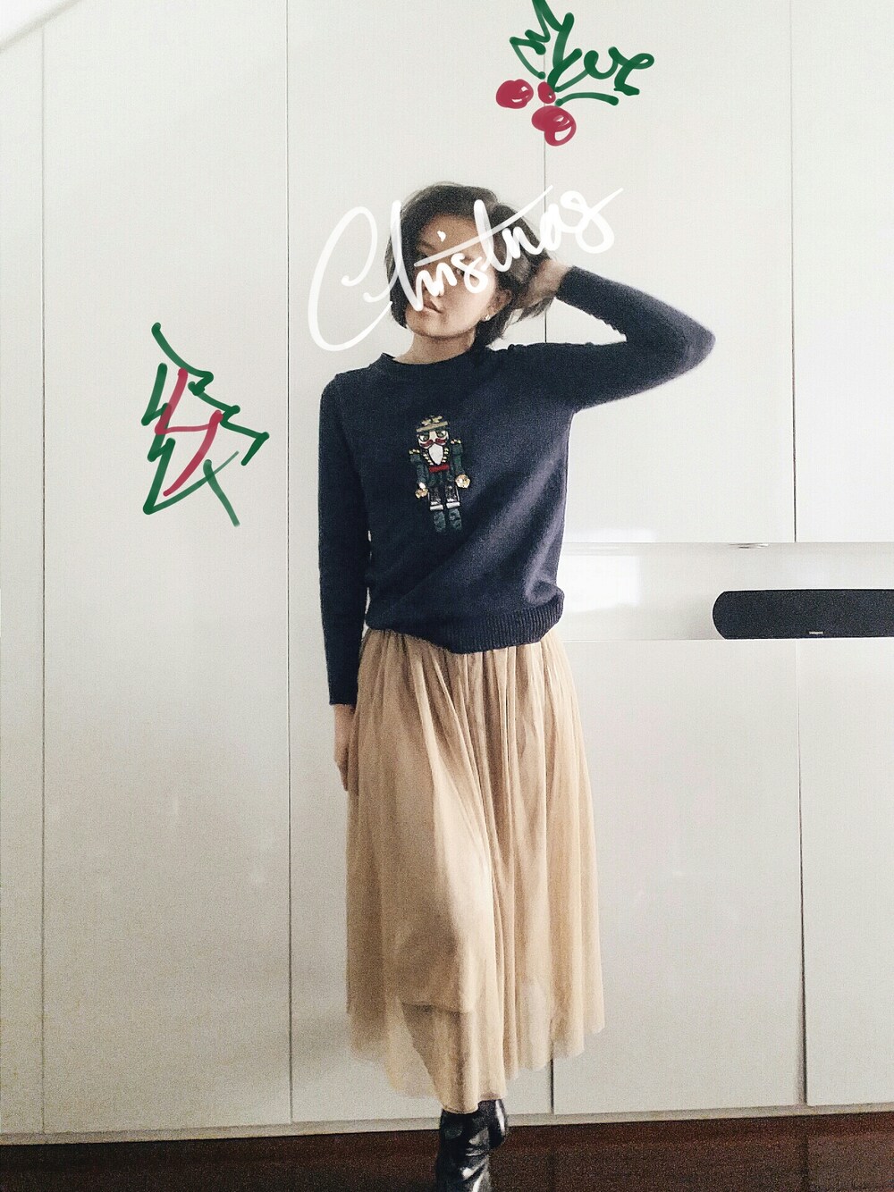 「クリスマス、セーター、knit、秋冬、ootd、コーデ、christmas、スカート」｜「asosのアイテム（ブーツ、ブラック系）」を使った、naoさん（レディース・160cm）の冬コーディネートの1枚目の写真