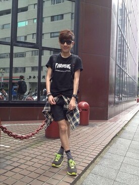 「THRASHER（スラッシャー）のアイテム（Tシャツ/カットソー、ブラック系）」を使った、Peter さん（メンズ・168cm）の夏コーディネート