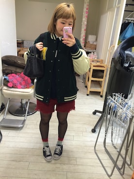 「くつした」｜「アイテム（スタジャン）」を使った、なちゅさん（レディース・160cm）の冬コーディネート