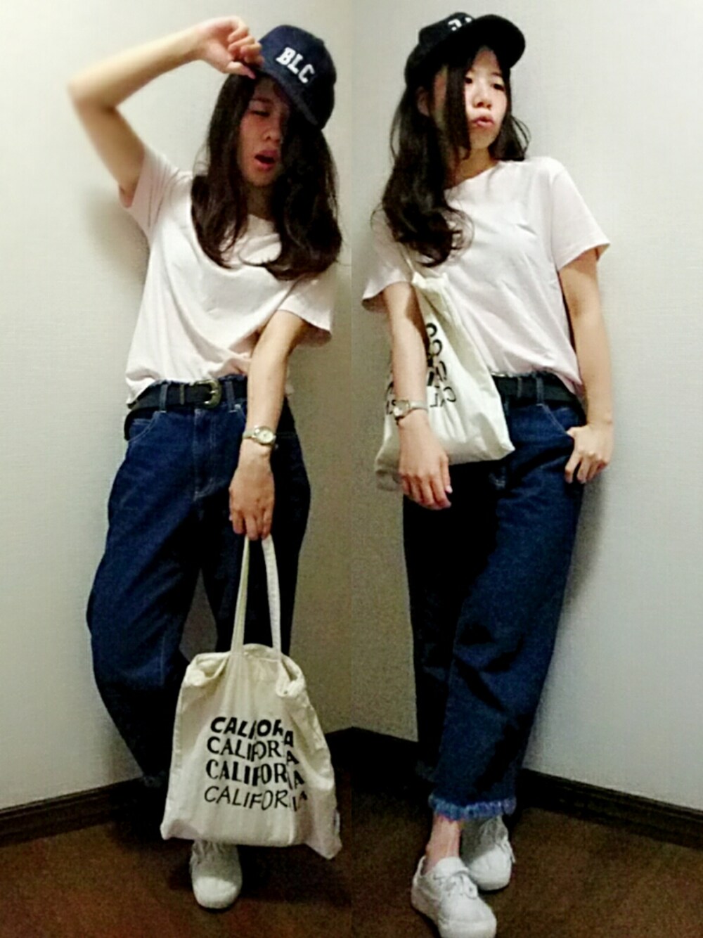 ピンク系のTシャツ/カットソー、ブルー系のデニムパンツ、ホワイト系のトートバッグを着用したレディースの夏コーディネートの1枚目の写真