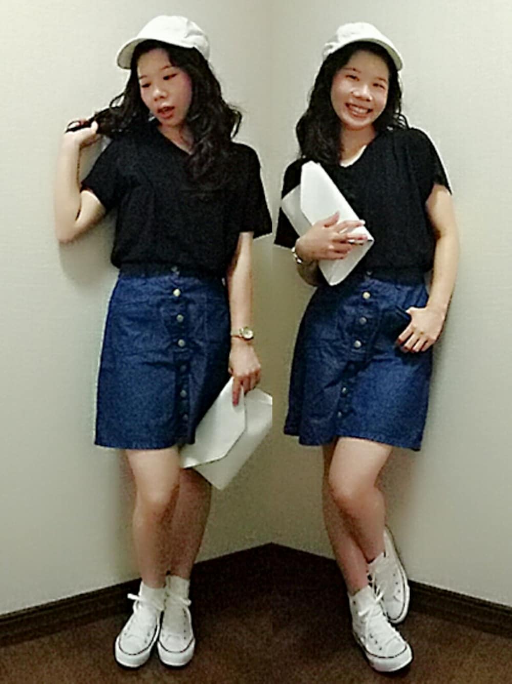 「カジュアル、デニム×黒、Tシャツ、デニムスカート、キャップ、しまむら、LOWRYS FARM、スニーカー、コンバース」｜「LOWRYS FARMの★6/28ヒルナンデスＯＡアイテム★40カリフォルニアVネックTシャツ　712891（Tシャツ/カットソー、ブラック系）」を使った、YnHO(ゆほ)さん（レディース・160cm）の夏コーディネートの1枚目の写真